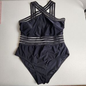 Black Strappy One Piece Swimsuit Crisscross Back High Waist Swimwear Size Large